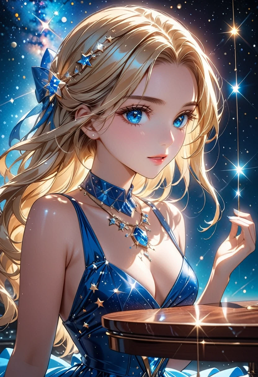 a extreme close up facial picture of an astrologist who divine the future from the stars, an extraordinary beautiful woman, divining the future from the stars, there is magic in her eyes, the ((her eyes are deep blue filled with stars: 1.5)) ladyshadow, blond hair color, dynamic hair style, wearing an intricate dress, necklace made from diamonds in the shape of stars, she sits near a table, seeing the future in the stars, , dynamic clothing, dynamic background, vibrant, Ultra-high resolution, High Contrast, (masterpiece:1.5), highest quality, Best aesthetics), best details, best quality, highres, 16k, [ultra detailed], masterpiece, best quality, (extremely detailed), Shiny..., ladyshadow, diam0nd