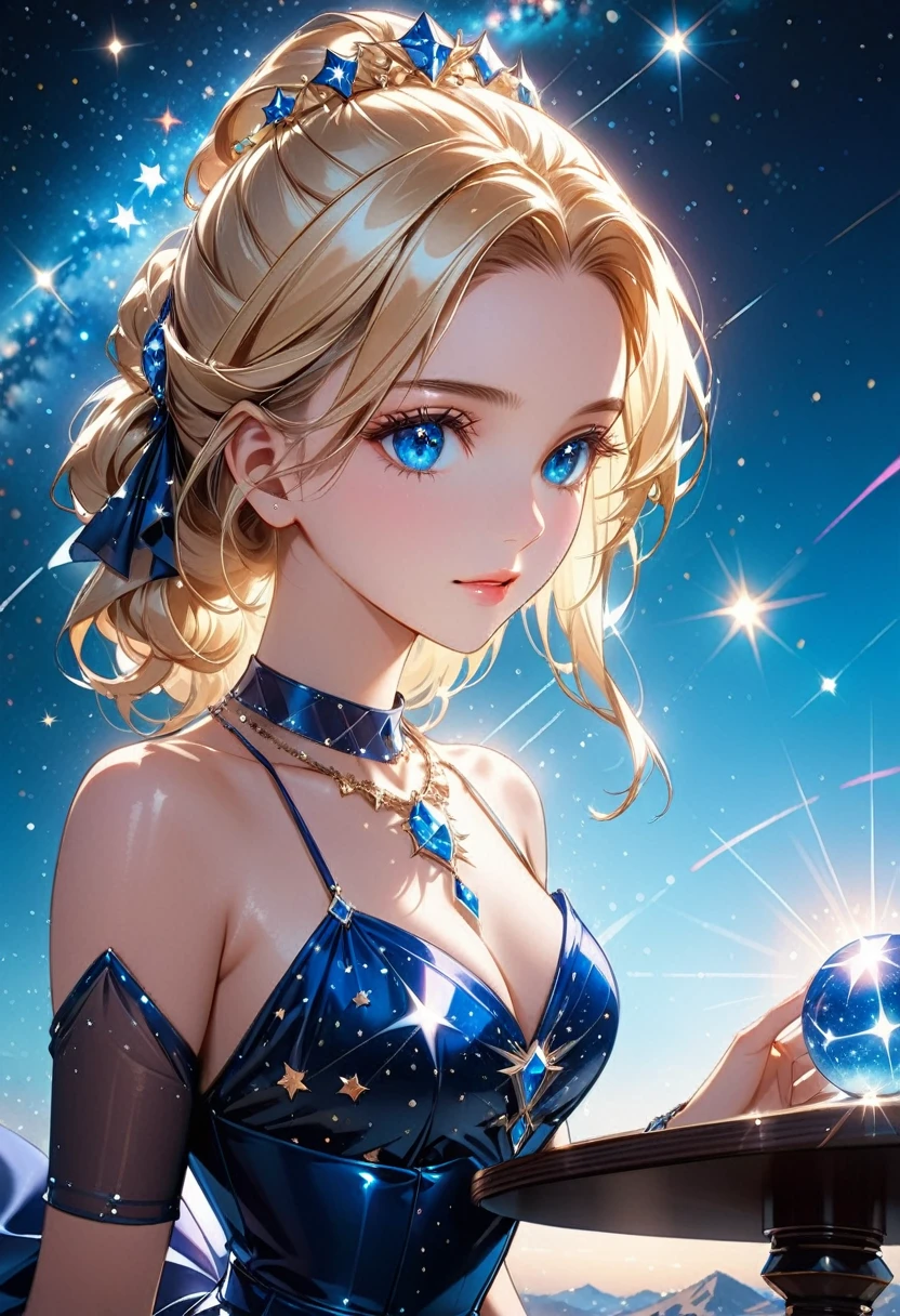 a extreme close up facial picture of an astrologist who divine the future from the stars, an extraordinary beautiful woman, divining the future from the stars, there is magic in her eyes, the ((her eyes are deep blue filled with stars: 1.5)) ladyshadow, blond hair color, dynamic hair style, wearing an intricate dress, necklace made from diamonds in the shape of stars, she sits near a table, seeing the future in the stars, , dynamic clothing, dynamic background, vibrant, Ultra-high resolution, High Contrast, (masterpiece:1.5), highest quality, Best aesthetics), best details, best quality, highres, 16k, [ultra detailed], masterpiece, best quality, (extremely detailed), Shiny..., ladyshadow, diam0nd