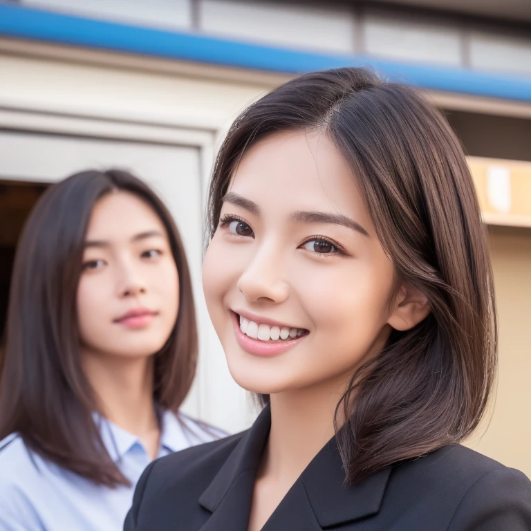 ((Highest quality)), ((masterpiece)), (detailed), One person(Highest quality, 8K, 32k, masterpiece, Ultra-high resolution:1.2),Beautiful Japanese Women Photos、Group of 2、healthy、Glowing Skin, Shallow depth of field、Contrasting、Professional Model、looking forward to it、Overbyte、mouth half open、blush:2.5、Random hairstyles for short hair、Black Hair、Face close-up、Portraiture、Teeth are visible、Big Mouth、Droopy eyes、Round face、Multiple moles、Fair skin、Active 24 year old、Brown eyes、Big smile、banker、Wear a uniform、Bank Reception、Customers can see