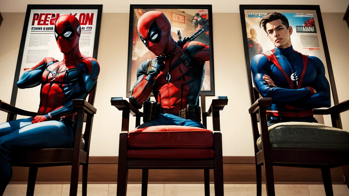 Translate This is a three-member jury to accept new superheroes. The members of the committee are Deadpool, Spider-Man, and Flash. In the background are magazines and pictures with pictures of the three heroes. The members of the jury and the camera are directed to the middle of the committee, but the chairs are empty.