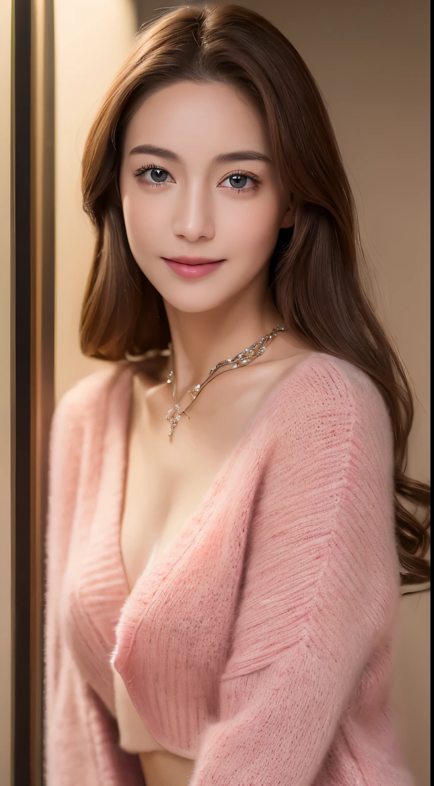 ((night, Realistic Light, Highest quality, 8K, masterpiece: 1.3)), 1 Girl, Slender beauty: 1.4, Abdominal muscles: 1.1, (Brown Hair, Medium chest: 1.3), Pink long sweater: 1.1, Bathroom, The face is very delicate, Beautiful Eyes, double eyelid, smile, necklace