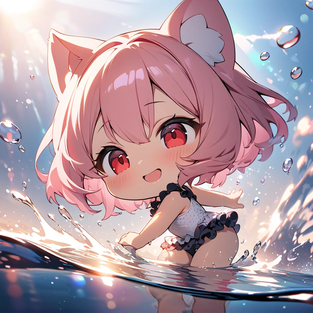 Top quality, masterpiece, thick illustration, chibi character, pink hair, girl with animal ears, red eyes, textured frilly swimsuit, glowing water droplets, double exposure, splashing and playing in the sea, best smile, sun light is reflected on the water surface