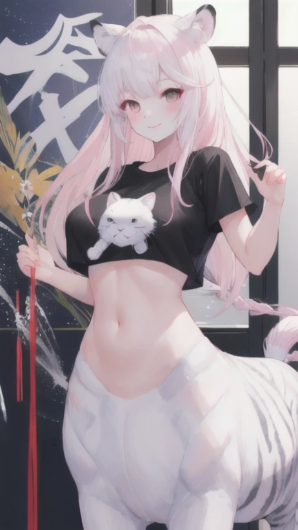 (best quality, masterpiece), 1 girl, centaur, It takes, White skin, Korean , black pink,Smiling, exposing the abdomen, belly button t-shirt , 아름다운 소녀 perfect white tiger photo, perfect white tiger photo
