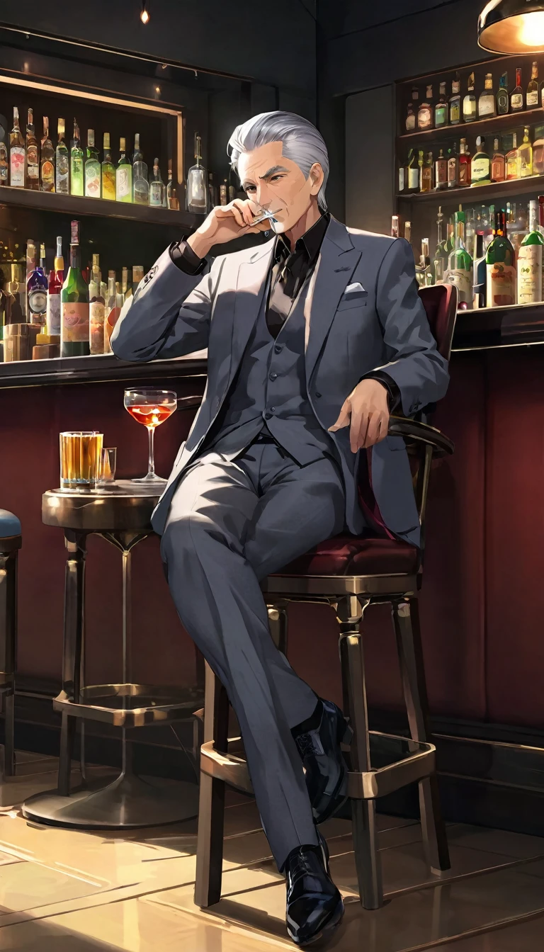 Please generate an image with the following characteristics:。
Style: Modern anime style sex with clean lines and vibrant colors: Male age group: Hairstyles and colors for people in their 60s: Gray Hair、Slicked-back person pose: A man drinking alcohol with a cigarette beside him: Serious gaze: Front clothing and decoration: Suit composition: Scenes and situations where you sit in a chair: A corner seat in a dimly lit bar