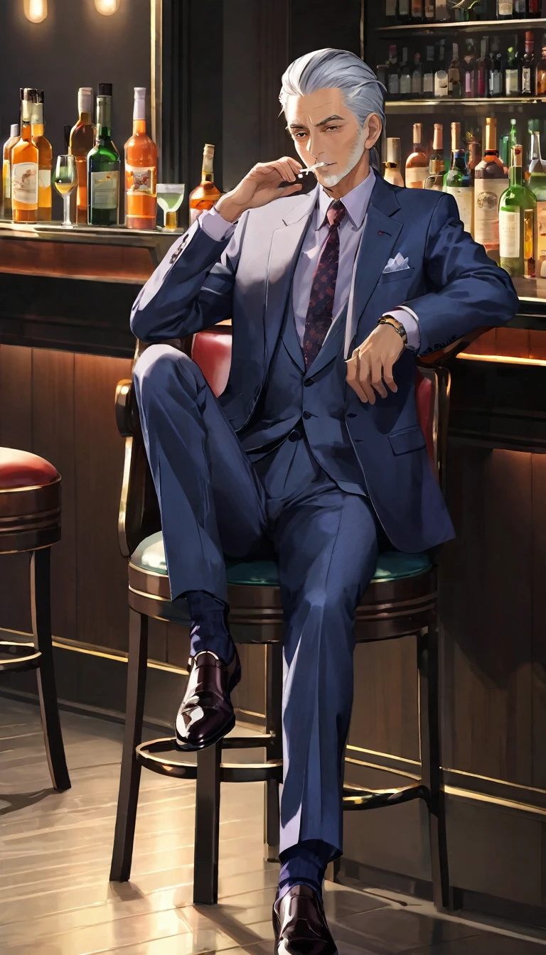 Please generate an image with the following characteristics:。
Style: Modern anime style sex with clean lines and vibrant colors: Male age group: Hairstyles and colors for people in their 60s: Gray Hair、Slicked-back person pose: A man drinking alcohol with a cigarette beside him: Serious gaze: Front clothing and decoration: Suit composition: Scenes and situations where you sit in a chair: A corner seat in a dimly lit bar