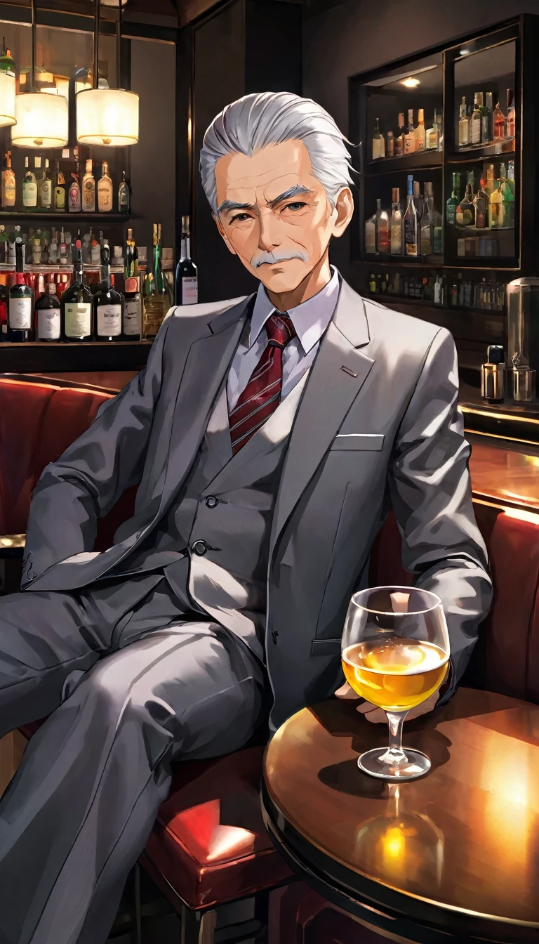 Please generate an image with the following characteristics:。
Style: Modern anime style sex with clean lines and vibrant colors: Male age group: Hairstyles and colors for people in their 60s: Gray Hair、Slicked-back person pose: A man drinking alcohol with a cigarette beside him: Serious gaze: Front clothing and decoration: Suit composition: Scenes and situations where you sit in a chair: A corner seat in a dimly lit bar