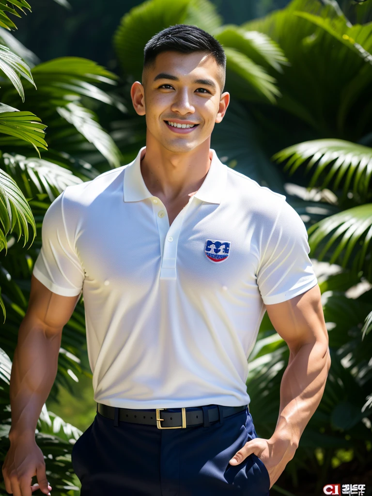 (Create a masterpiece: 1.2),(CGI art:1.3),(realistic:1.5),(After processing:1.3),(Sharp focus:1.3),10,1 man, smile, (Wear a navy polo shirt...), Navy cargo pants, Korean guy , korean men, (High gloss details), chest muscles, large arm muscles, blood vessel, Big muscles, Broad shoulders, looking at the audience, Balancing the eyes, rice field