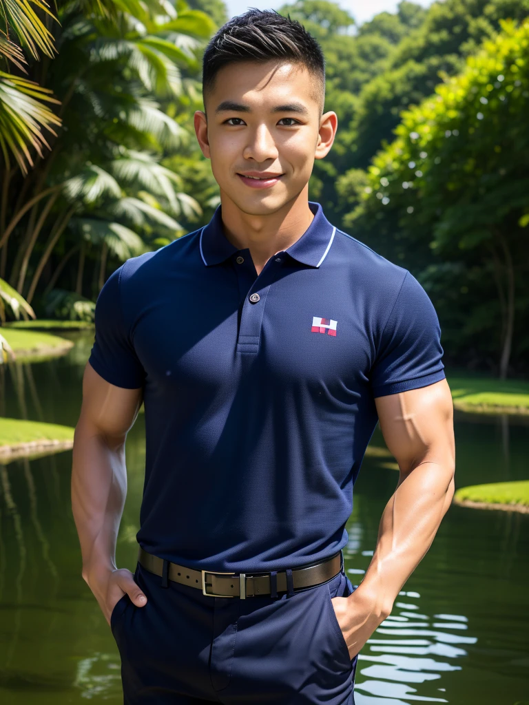 (Create a masterpiece: 1.2),(CGI art:1.3),(realistic:1.5),(After processing:1.3),(Sharp focus:1.3),10,1 man, smile, (Wear a navy polo shirt...), Navy cargo pants, Korean guy , korean men, (High gloss details), chest muscles, large arm muscles, blood vessel, Big muscles, Broad shoulders, looking at the audience, Balancing the eyes, rice field