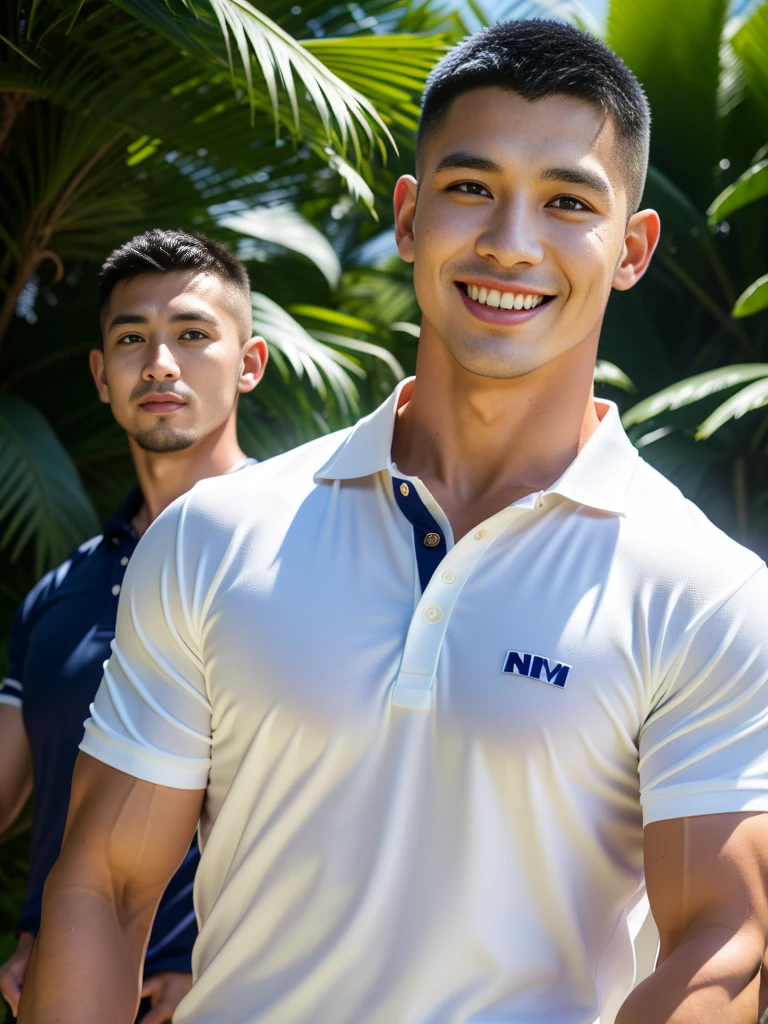 (Create a masterpiece: 1.2),(CGI art:1.3),(realistic:1.5),(After processing:1.3),(Sharp focus:1.3),10,1 man, smile, (Wear a navy polo shirt...), Navy cargo pants, Korean guy , korean men, (High gloss details), chest muscles, large arm muscles, blood vessel, Big muscles, Broad shoulders, looking at the audience, Balancing the eyes, rice field