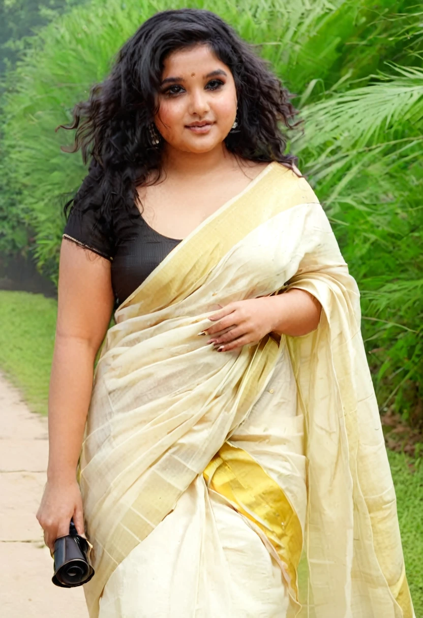 Indian chubby curvy girl with indian skin tone and with black oiled hair wearing saree in outdoor
