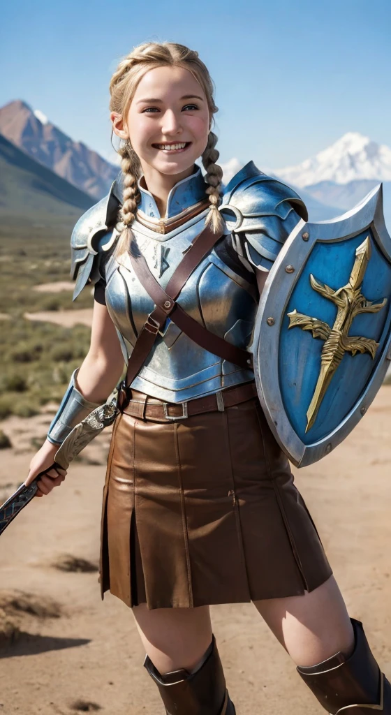 ((Highest quality, 8K, masterpiece:1.3)),young,woman,Realistic Style,Sexy Style,Brown skirt reveals legs,sword,shield,Blonde,One braid,10-12 years old,Kind expression,Rocky Mountain,blue sky,adventure,heroic,cute,Valkyrie,Smile,Taking off the armor,Dirty