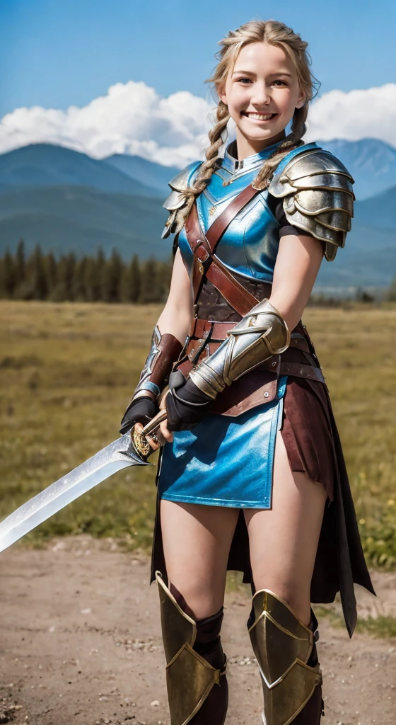 ((Highest quality, 8K, masterpiece:1.3)),young,woman,Realistic Style,Sexy Style,Brown skirt reveals legs,sword,shield,Blonde,One braid,10-12 years old,Kind expression,Rocky Mountain,blue sky,adventure,heroic,cute,Valkyrie,Smile,Taking off the armor,Dirty