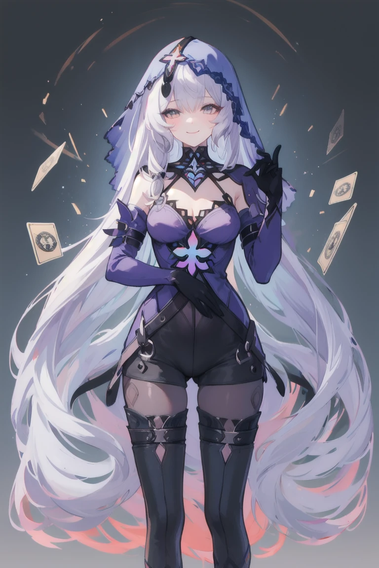 ((masterpiece,best quality)), 1girl, blackswan, veil, elbow gloves, black pantyhose, thigh boots, simple background, cowboy shot, smile, tarot, card,