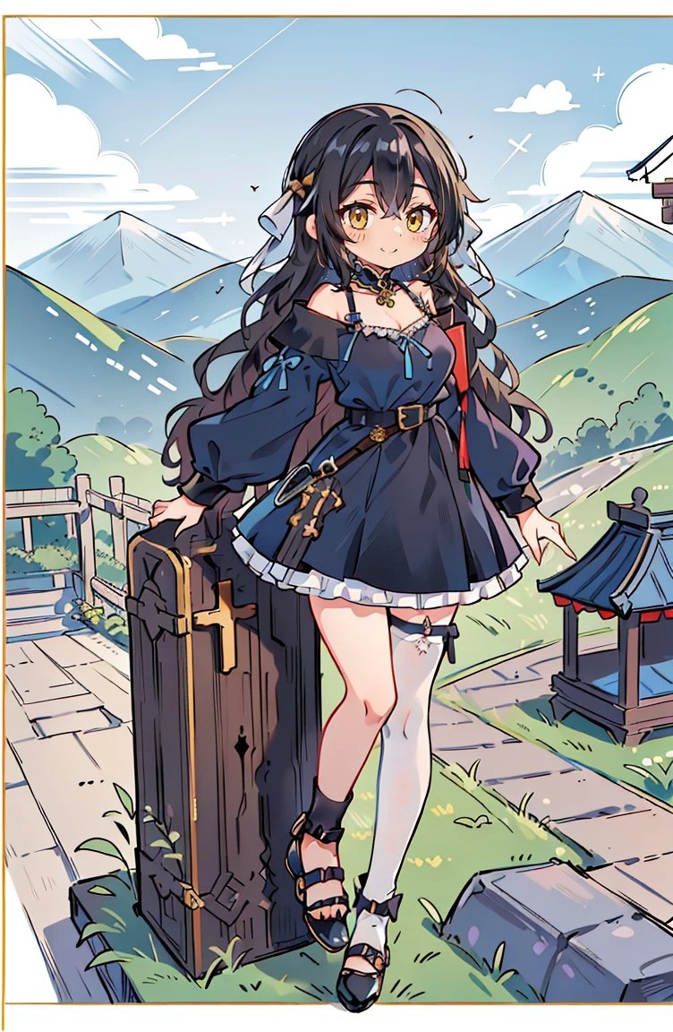 (masterpiece:1.2), (high quality:1.2), hui xiyi, rekkyo sensen, rekkyou sensen, (full body, chibi girls:1.45), solo focus, girls with((black hair, cleaposed breasts, breose up, dblue clothes:1.3), ribbon belt, off-shoulder sleeves, long sleeves, furry jacket, frills shirt, frills camisole, straps, (rosary choker, golden rosary, cross:1.05), (strap shoes, black shoes, exposed legs, exposed foots, left legwear, white legwear:1.67), (long wavy hair, one side up:1.4))), background with ((architecture, blue sky, building, bush, castle, village, no humans, cloud, cloudy sky, day, fence, field, garden, grass, hill, house, lamppost, landscape, mountain, mountainous horizon, nature, no humans, outdoors, scenery, shrine, sky, tower)), cowboy shot, anime, anime style