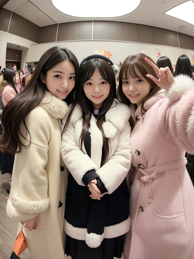 Feminine dressing room、Group photo of female college students、knit、fluffyの毛皮。fluffy。Three beautiful Japanese girls 、Outside in the middle of winter、Winter coat、Heavy coat、Fur Cape、Fur Cuffs、Selfie pose、Smiling and looking at the audience、Close-up of face、((Fisheye Lens))