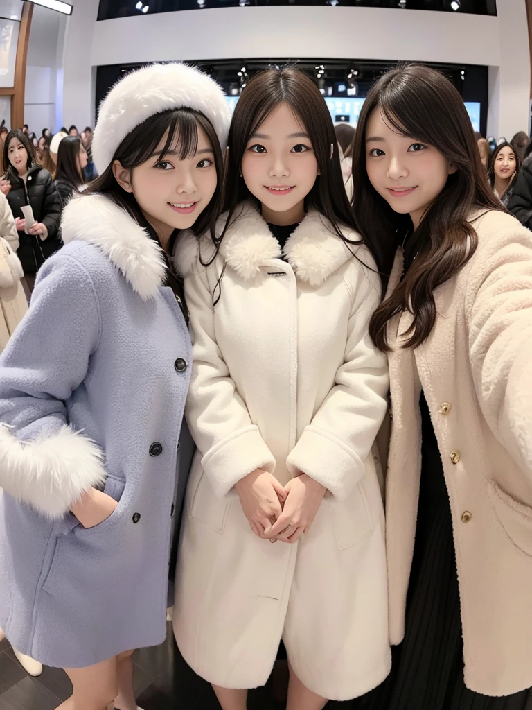 Feminine dressing room、Group photo of female college students、knit、fluffyの毛皮。fluffy。Three beautiful Japanese girls 、Outside in the middle of winter、Winter coat、Heavy coat、Fur Cape、Fur Cuffs、Selfie pose、Smiling and looking at the audience、Close-up of face、((Fisheye Lens))