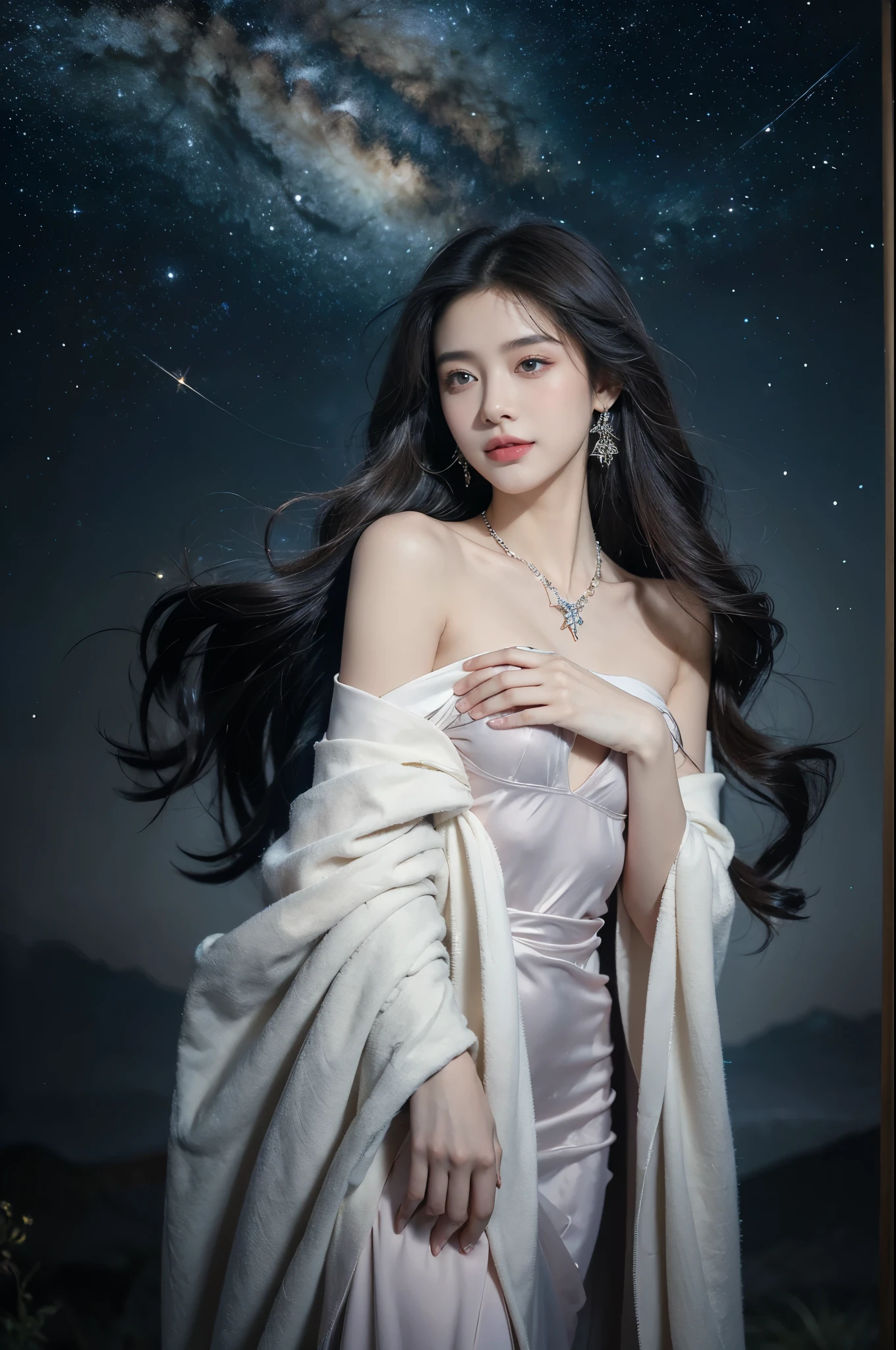 (((best quality))),(((ultra detailed))),(((masterpiece))),illustration,((A beautiful female astrologer,solo)),((slim,thin)),((small breasts,flat chest)),((shoulder length straight hair)),(earrings,necklace),(sparkled sheer robe:1.3),standing beneath a magical summer night, stars twinkling in the velvety darkness,starry sky, sapphire eyes filled with wonder, flowing ethereal gown mimicking the stars, silver pendant shaped like a horoscope,serene smile and captivating gaze, celestial beauty and mystery, solace and inspiration in the vast expanse of the universe,((from front,upper body))