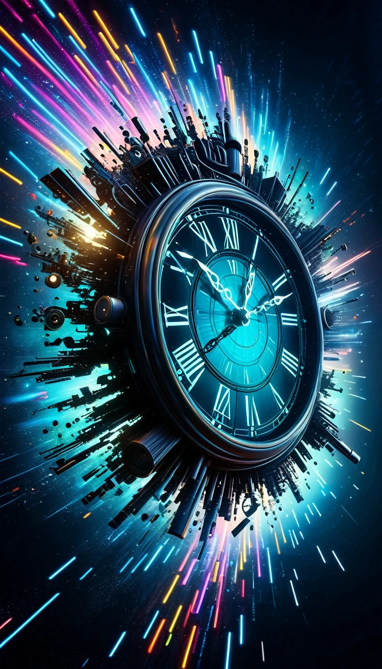 A futuristic, digitally-rendered artwork featuring a black shadow leaping through a vortex of clock faces and neon light trails. The image represents the concept of time travel and the potential for future advancements.