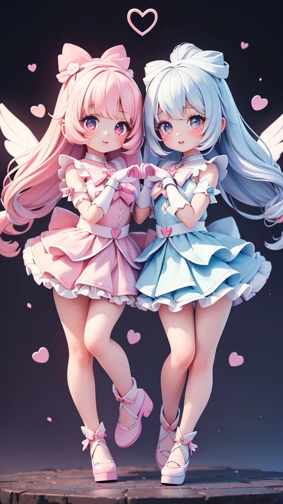 ((petite bishojo, little 2girls)), ((cute face)), ((heart shaped eyes)), ((masterpiece)), ((best quality)), ((ultra detailed)), ((exquisite)), ((depth)), ((crisp)), ((8k)), ((beautiful and aesthetic)), ((super detailed skin)), ((high standard)), ((highres)), ((perfect anatomy)), (full body), (blush), (lipstick), (magical girl), (kawaii pose), (white, blue, black)