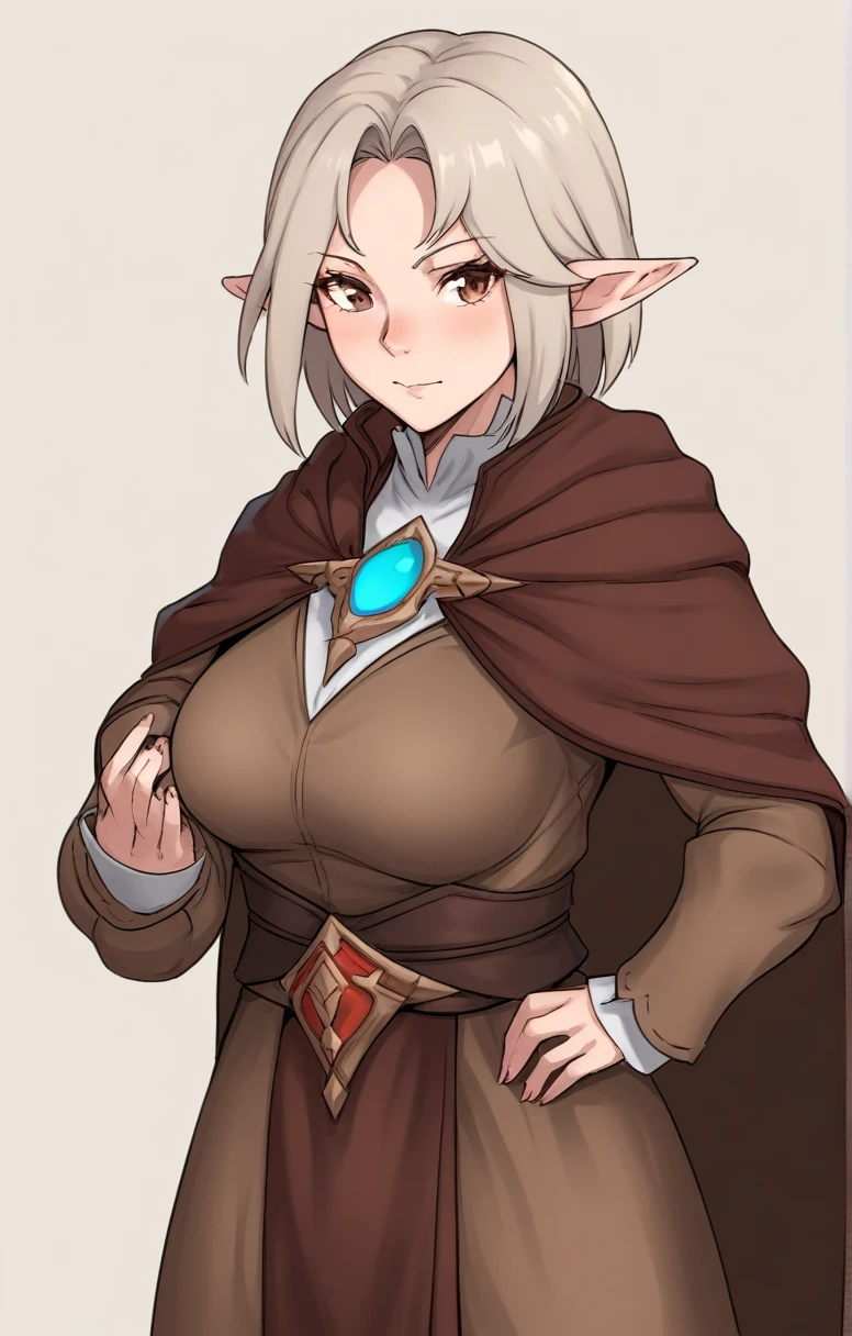 half elf, woman, dnd, adventurer, brown cloak, elegant,