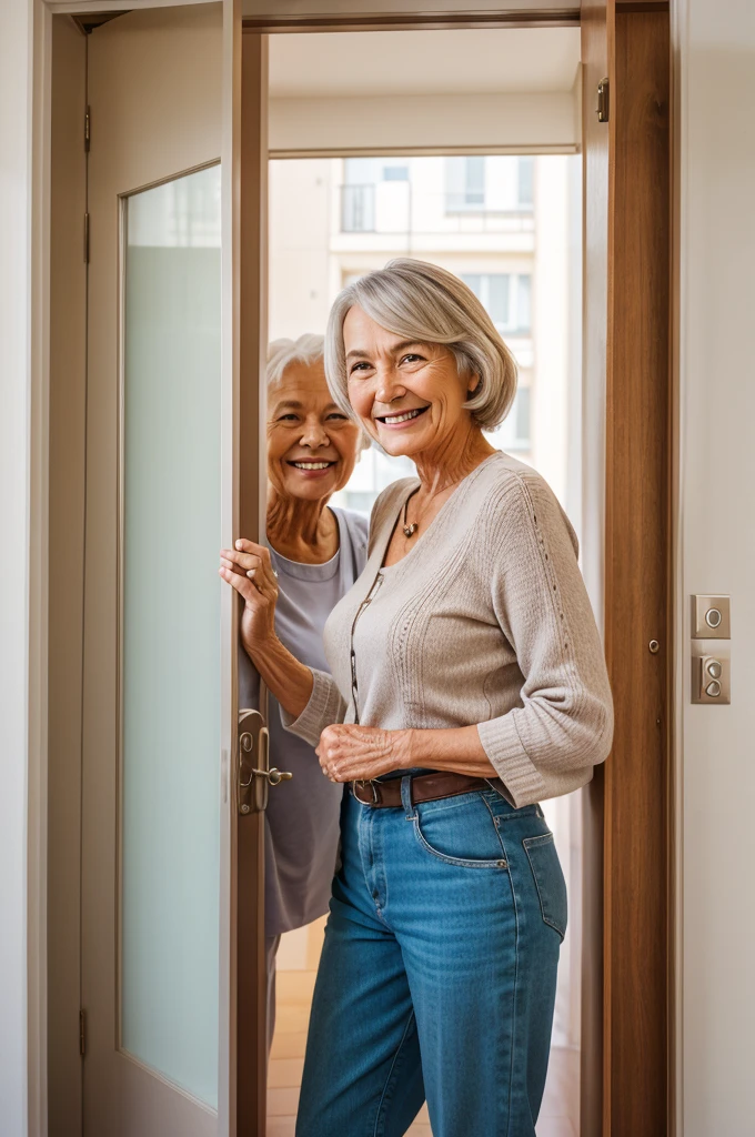 The elderly woman smiling gratefully at the young woman, standing in the doorway of her apartment