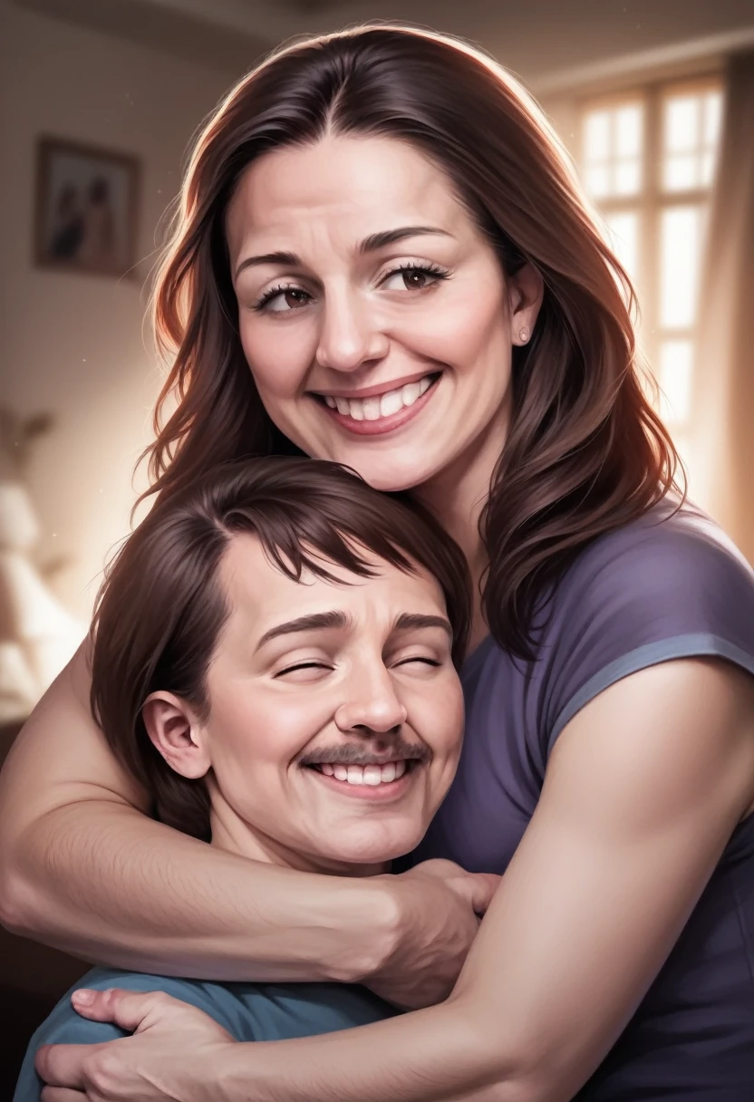 a happy family of 3, a father, mother and son hugging each other, smiling and celebrating, warm and joyful atmosphere, (best quality,4k,8k,highres,masterpiece:1.2),ultra-detailed,(realistic,photorealistic,photo-realistic:1.37),intricate details,natural lighting,vibrant colors,soft focus,cozy indoor setting,heartwarming family portrait,family love and bonding,celebration of family day,tender embrace,pure happiness,warmth,intimacy,togetherness