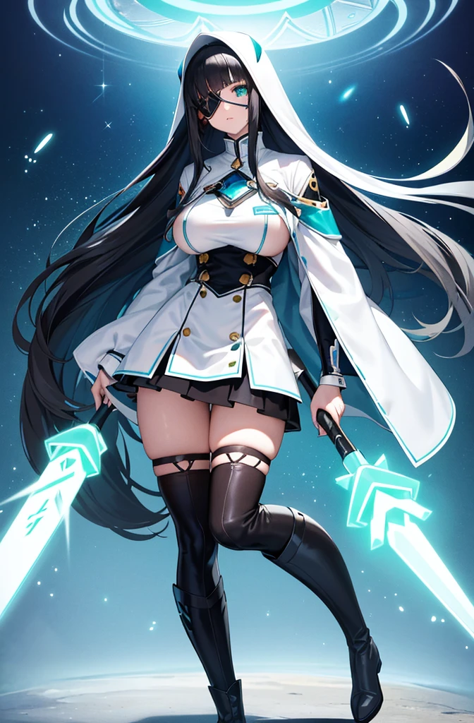 Phantasy Star Portable2 Game Characters Ouka Nagisa ((Big Tits)) One beautiful girl ((Beautiful long black hair)) Jade green eyes Highest quality Bangs Princess Cut ((He wears an eyepatch on his right eye)) White formal wear mini skirt He has a giant blue mechanical sword Her skin is as white as possible, and she wears blue knee-high boots Deuman Mysterious atmosphere Space Station