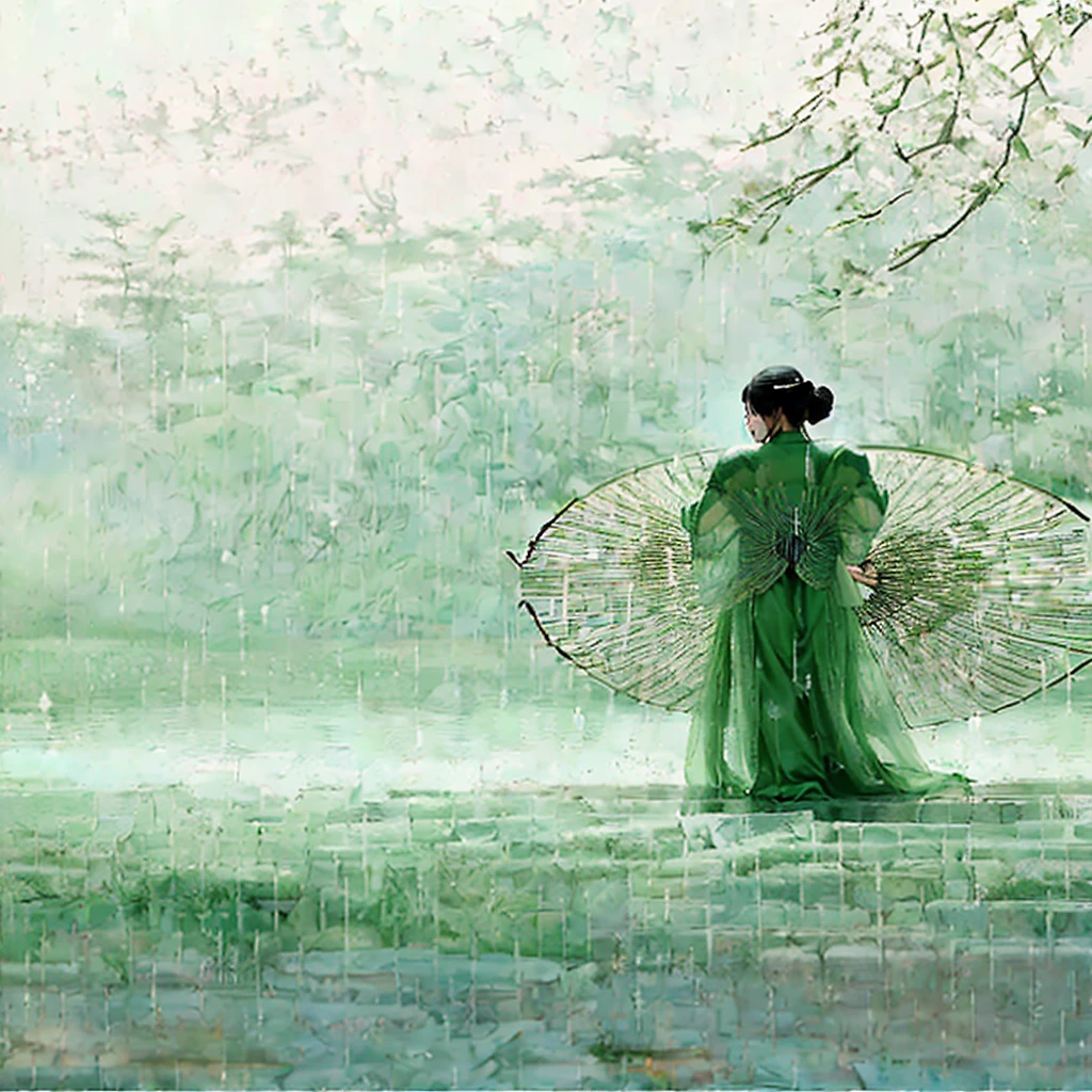 Chinese style,There is a lady in a green dress holding an umbrella, water surface,ripple, by Li Mei-shu, Inspired by Uemura Shoen, by Fei Danxu, rain, Fanhao Photography, zhang daqian, Beautiful rendering of the Tang Dynasty, Inspired by bamboo leaves