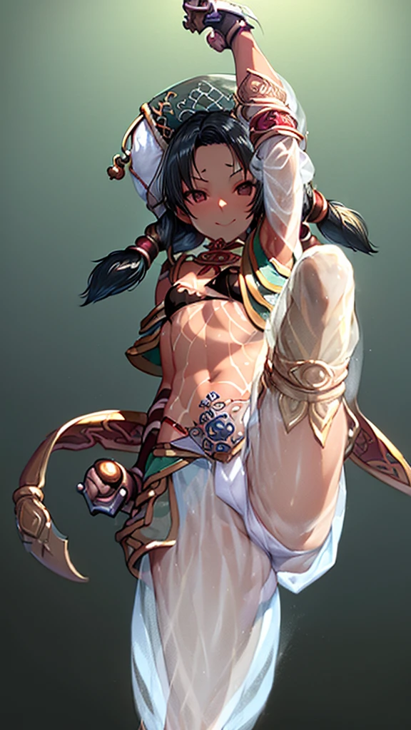 1girl, Angle from the front, The girl bends forward to show off her breasts、(Talim), (Tanned shiny black skin:1.6)、Squint your eyes, ((Narrowing his eyes and grinning with a devilish smile)), ( girl), blondes、Twin tails、forehead、Small breasts, hat, ((((arabian clothes, see-through)), (micro bandeau), (areola slip), small breasts, (shorts), (jewelry)))、desert, ((Sahara))、(((footjob))), 1penis, under hair, ((eject cum)), ((acrobatics pose)),