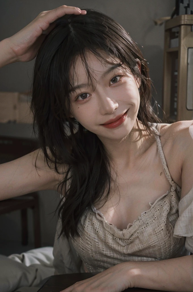 8K, best quality, masterpiece, Ultra-high resolution, (realism: 1.4), original photo, (Real skin texture: 1.3), (Film Grain: 1.3), (Selfie Angle), 1 girl, Beautiful eyes and face details, masterpiece, best quality, close up, Upper Body, Smile, Lean forward,Half naked