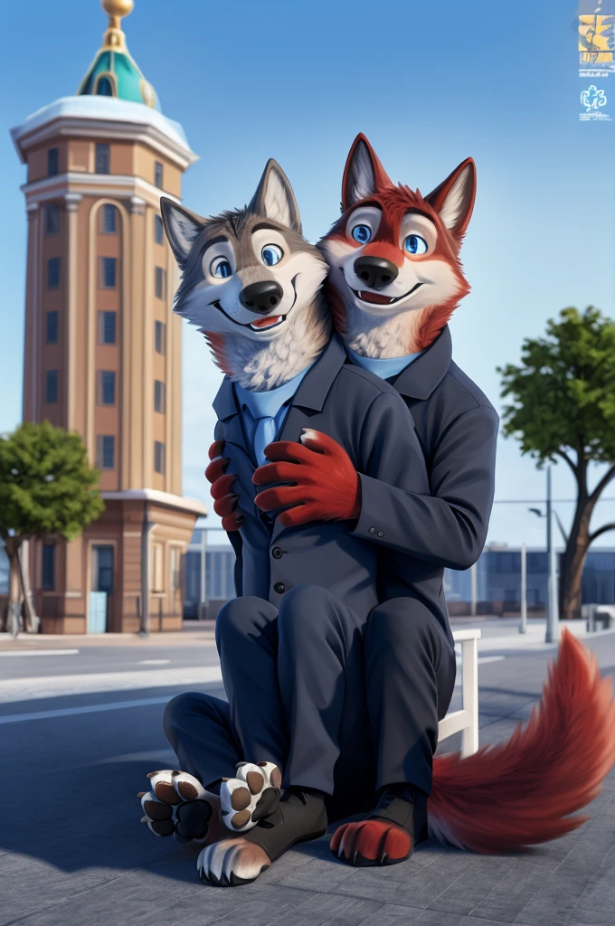 Ivan Wolfbach,city governor, Saint Petersburg,height,Beautiful,slim,24 years,wolf, red fur,высокий Beautiful wolf, 24 years,(red body:1,3),beautiful blue eyes,cabinet, a lawyer,Russia,regional Duma, cabinet, governor,is sitting за компьютером, black pants,Dog, wolf, detailed fur, a male, antro, paw pads, finger claws, per viewer, 5 fingers, paws, 5 fingers, day, digital photography, soft focus, Good mood,is sitting, State Duma, works as a deputy, aviation sector,Photorealism, realistically, Photorealism, digital style, from close walks around the city, Very close to the camera, digital photography, positive smile, Good, mood, green tie,в cabinetе депутата,
masterpiece, Best quality, ультра realistically, 8 k)