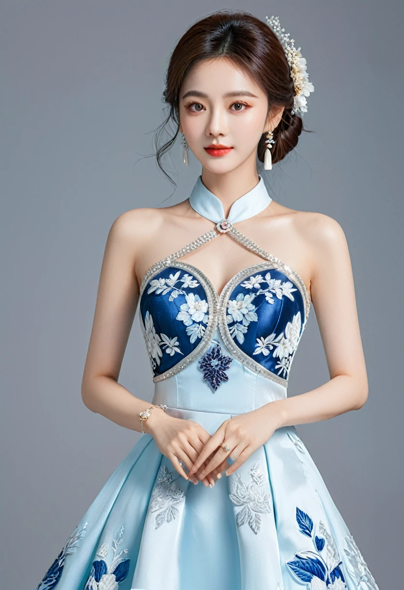 Realistic photo style, whole body 사진에 아름다운 아시아 소녀가 등장합니다., Wearing a unique ethnic style evening gown with delicate skin., bright and lively eyes, Thick eyelashes that look especially attractive. Long dresses are slim and elegant., Eye-catching silver jewelry and alcohol. The high-collar design adds an elegant atmosphere., Color of blue and white porcelain. using light and shadow, The vivid and harmonious appearance of the protagonist is highlighted... whole body, (masterpiece, best quality, professional, perfect composition, very aesthetic, absurd, very detailed, intricate details:1.3)