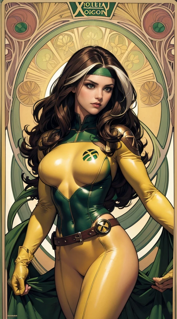 (masterpiece:1.0), (best_quality:1.2), Classic Rogue, 1991 Rogue X-Men, 1 girl, Only 1, full body view, medium length hair, brown hair, wavy hair, messy hair, one lock of white hair, green eyes, mischievous look, smirking, fit figure, curvy figure, medium breasts, lipstick, makeup, jacket, green headband, belt, yellow gloves, skin tight bodysuit, open jacket, light source from above, (realism: 1.5), (Realistic: 1.4), (Absurdity:1.4), 8k, ultra-detailed, Detailed Beautiful Woman, (Art Nouveau style), influence by John William Waterhouse and Alphons Mucha, circles, banners, background colors: green, gold, yellow, white, beige