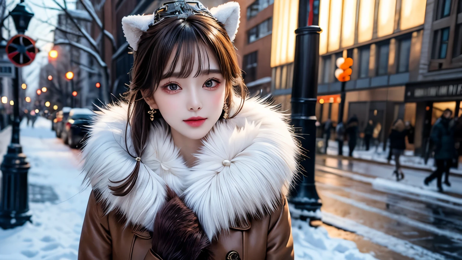 1 girl, bare_tree, brown_eyes, brown_hair, building, coat, cross_earrings, earrings, fur, fur trimmed_coat, fur_collar, fur_scarf, fur_trim, jewelry, lips, shorthair, looking_at_viewer, outdoors, snow, snow, solo, tree, upper_body, Winter, winter_clothes, detailed_eyes,Big breasts, arms close together, Chest facing camera, Big, Ears out, Golden ratio face, Golden ratio body, Best quality, Ultra high definition, Bangs