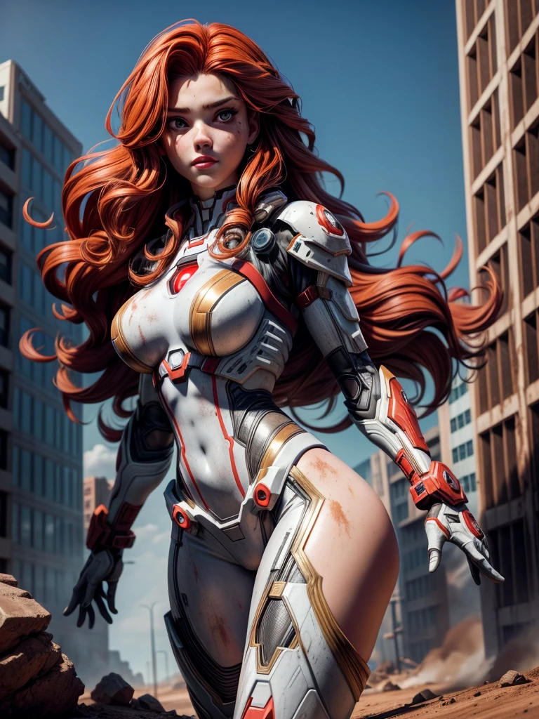 8k, high definition, high resolution wallpaper, front foreshortened composition, of a 25 year old girl, very pretty, goddess of beauty, golden proportions, heroine appearance, dressed in a cyberpunk inspired outfit and mixed with the outfit mythical Iron Man Mark VII and the manga Evangelion, in white and gray colors. Her expression is determined. Dirty with mud from the battle, scratches and bumps on the combat suit, Cyber Girl, High technology, giant chest, huge and well-proportioned chest, well-defined chest, normal hips, narrow waist, good ass, big and round ass. Physically fit girl, beautiful and well-detailed face, well-detailed gray eyes, mouth with thick red lips, she has very long, curly and tousled orange-red hair that falls in messy curls over her enormous chest. freckles on her face. beautiful and freckled girl. With a face dirty with mud she finds herself in a scene of destruction of a futuristic Martian city in ruins. Dynamic combat stance, on guard. Epic combat scene. Post apocalyptic. red skyes,The light that predominates in the scene is reddish and heavy.