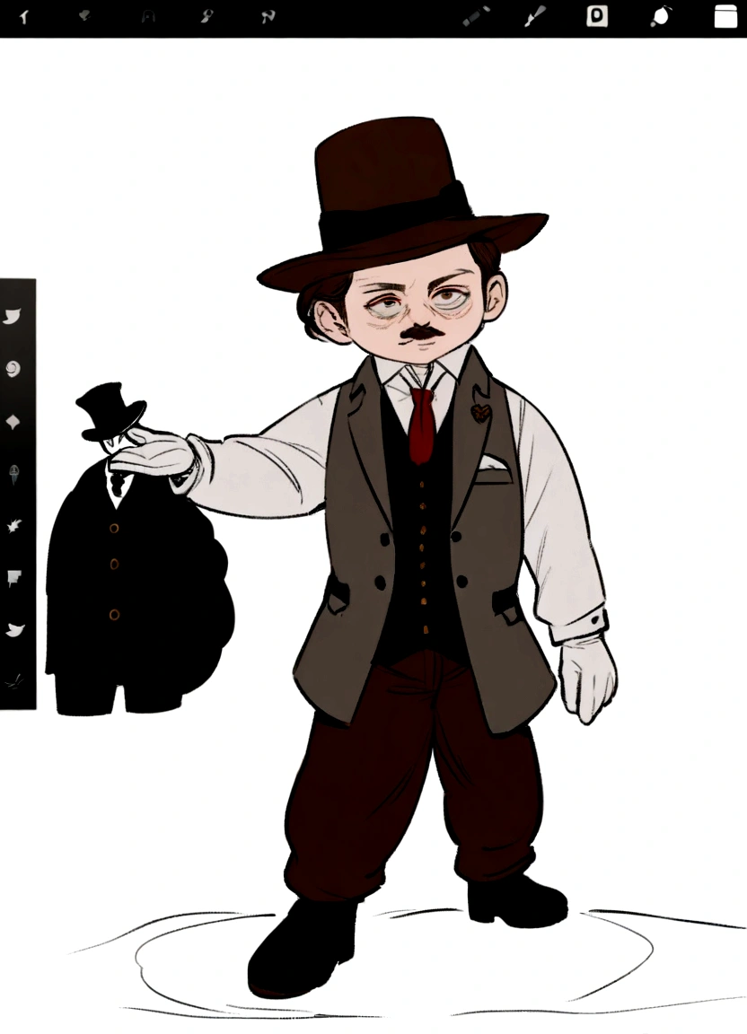 drawing of a man in a hat and vest holding a backpack, suit vest and top hat and gloves, caracter with brown hat, dapper dream demon, clothed in ancient suit, noir detective and a fedora, a suited man in a hat, character with a hat, he is wearing a top hat, unrealistic character concept, bloodborne style, full body with costume