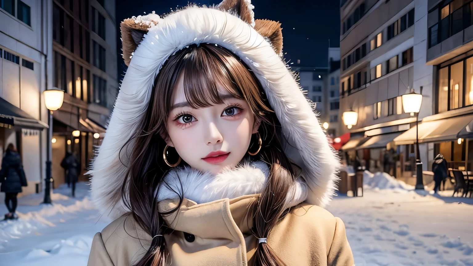 1 girl, bare_tree, brown_eyes, brown_hair, building, coat, cross_earrings, earrings, fur, fur trimmed_coat, fur_collar, fur_scarf, fur_trim, jewelry, lips, shorthair, looking_at_viewer, outdoors, snow, snow, solo, tree, upper_body, Winter, winter_clothes, detailed_eyes,, arms close together, Chest facing camera, Big, Ears out, Golden ratio face, Golden ratio body, Best quality, Ultra high definition, Bangs