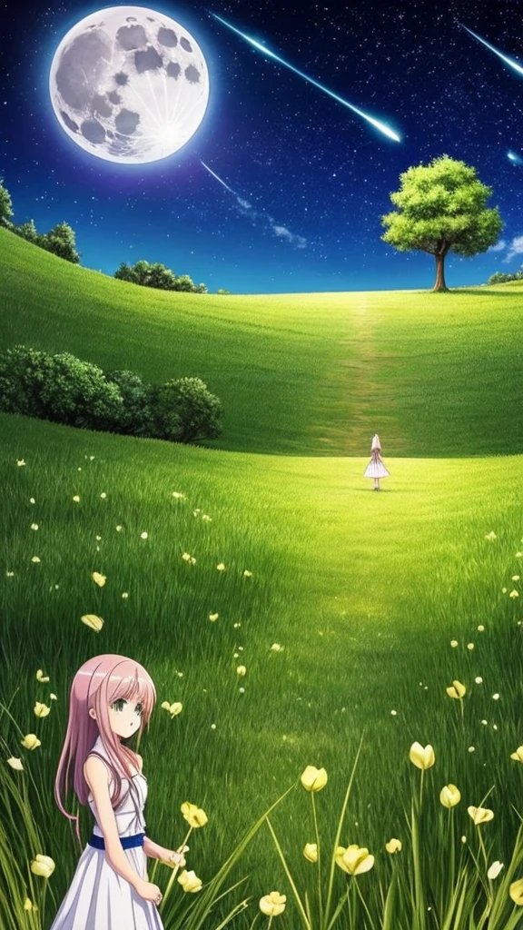 Anime character Elaina stands in the middle of a grass field,realistic,a wallpaper, a view of the night sky, with a large full moon, on a grass plain, near a cottage with an apple tree next to it,