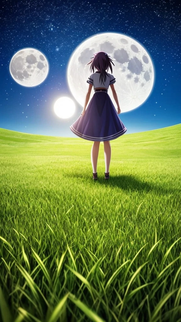 Anime character Elaina stands in the middle of a grass field,realistic,a wallpaper, a view of the night sky, with a large full moon, on a grass plain, near a cottage with an apple tree next to it,