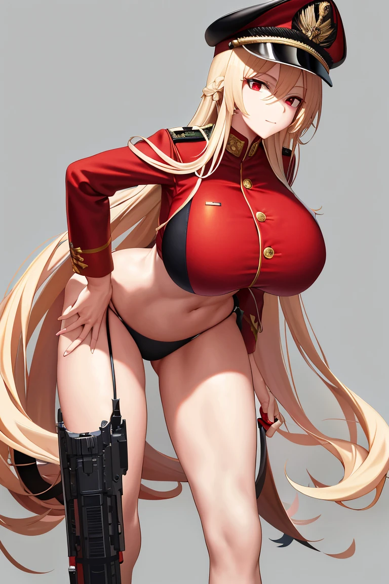 A woman,Long blond hair,Red eyes,Put on a military cap,Wearing a black bikini,Long legs,Nipple protrusion,Twenties,exposed,Black high heels,Huge breasts,超级Huge breasts,Standing