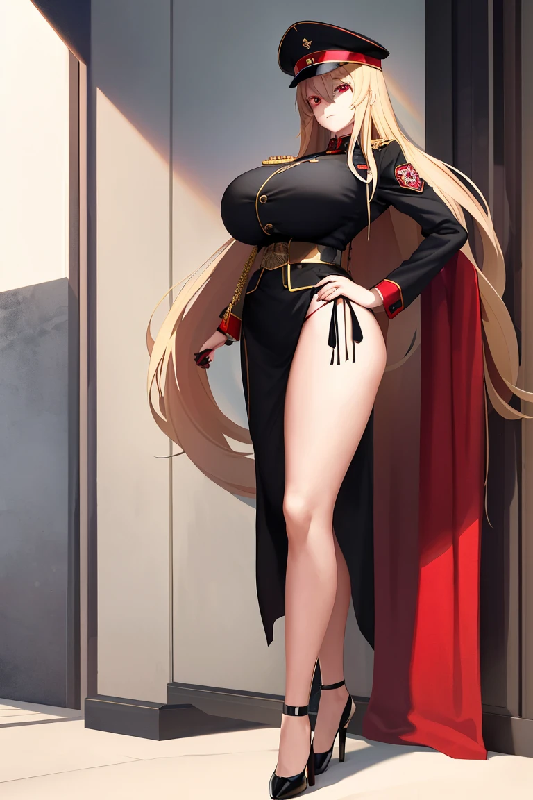 A woman，Long blond hair，Red eyes，Put on a military cap，Wearing a black bikini，Long legs，Nipple protrusion，Twenties，exposed，Black high heels，Huge breasts，超级Huge breasts，Standing