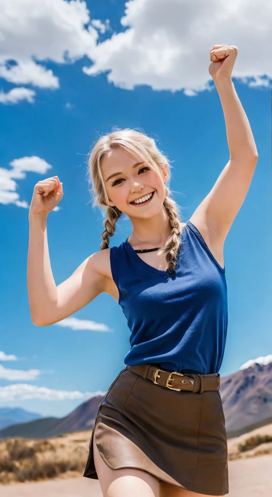 ((Highest quality, 8K, masterpiece:1.3)),young,woman,Realistic Style,Sexy Style,Brown skirt reveals legs,sword,Blonde,One braid,10-12 years old,Kind expression,Rocky Mountain,blue sky,adventure,cute,Valkyrie,Smile,Raise your right leg up to your head