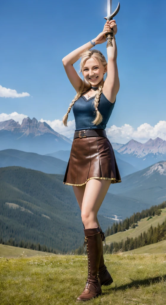 ((Highest quality, 8K, masterpiece:1.3)),young,woman,Realistic Style,Sexy Style,Brown skirt reveals legs,sword,Blonde,One braid,10-12 years old,Kind expression,Rocky Mountain,blue sky,adventure,cute,Valkyrie,Smile,Raise your right leg up to your head