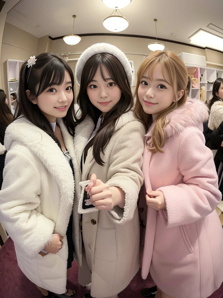 Feminine dressing room、Group photo of female college students、knit、fluffyの毛皮。fluffy。Three beautiful Japanese girls 、In a feminine and fairytale room、Winter coat、Heavy coat、Fur Cape、Fur Cuffs、Selfie pose、Smiling and looking at the audience、Close-up of face、((Fisheye Lens))