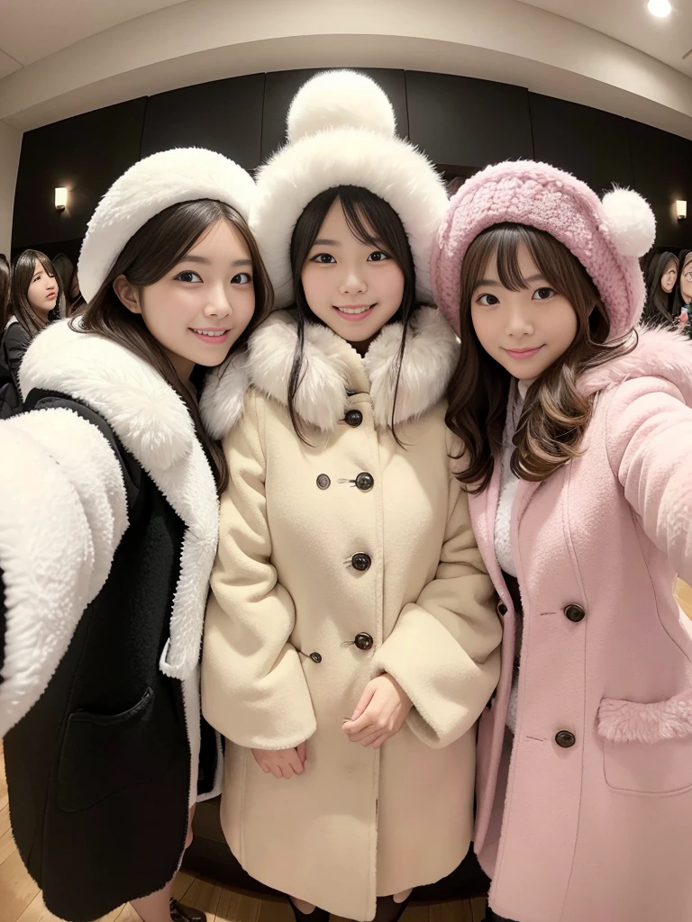 Feminine dressing room、Group photo of female college students、knit、fluffyの毛皮。fluffy。Three beautiful Japanese girls 、In a feminine and fairytale room、Winter coat、Heavy coat、Fur Cape、Fur Cuffs、Selfie pose、Smiling and looking at the audience、Close-up of face、((Fisheye Lens))