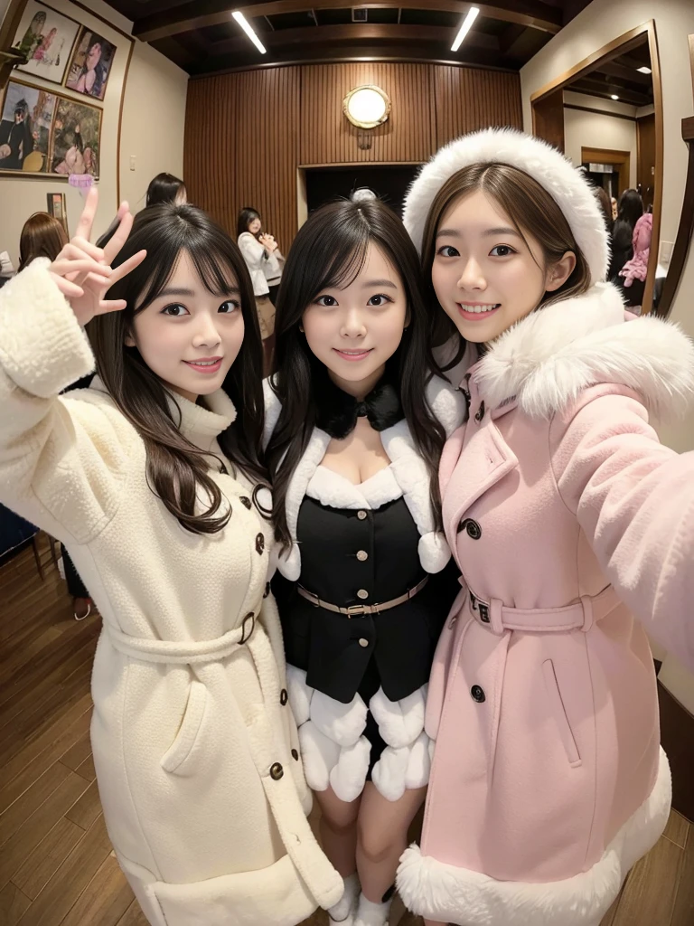 Feminine dressing room、Group photo of female college students、knit、fluffyの毛皮。fluffy。Three beautiful Japanese girls 、In a feminine and fairytale room、Winter coat、Heavy coat、Fur Cape、Fur Cuffs、Selfie pose、Smiling and looking at the audience、Close-up of face、((Fisheye Lens))