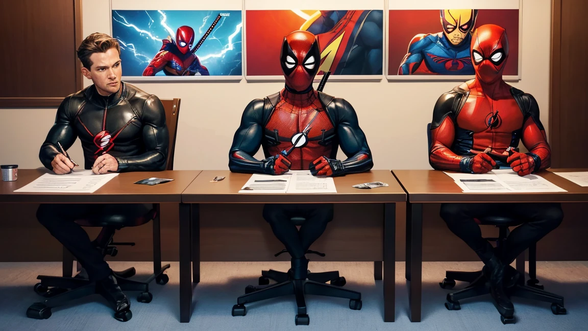 A judging panel composed of three members to accept new superheroes. The panel members are Deadpool, Spider-Man, and Flash. In the background, there are magazines and pictures featuring the three judging panel members. The camera is directed at the center of the panel, but the chairs are empty.