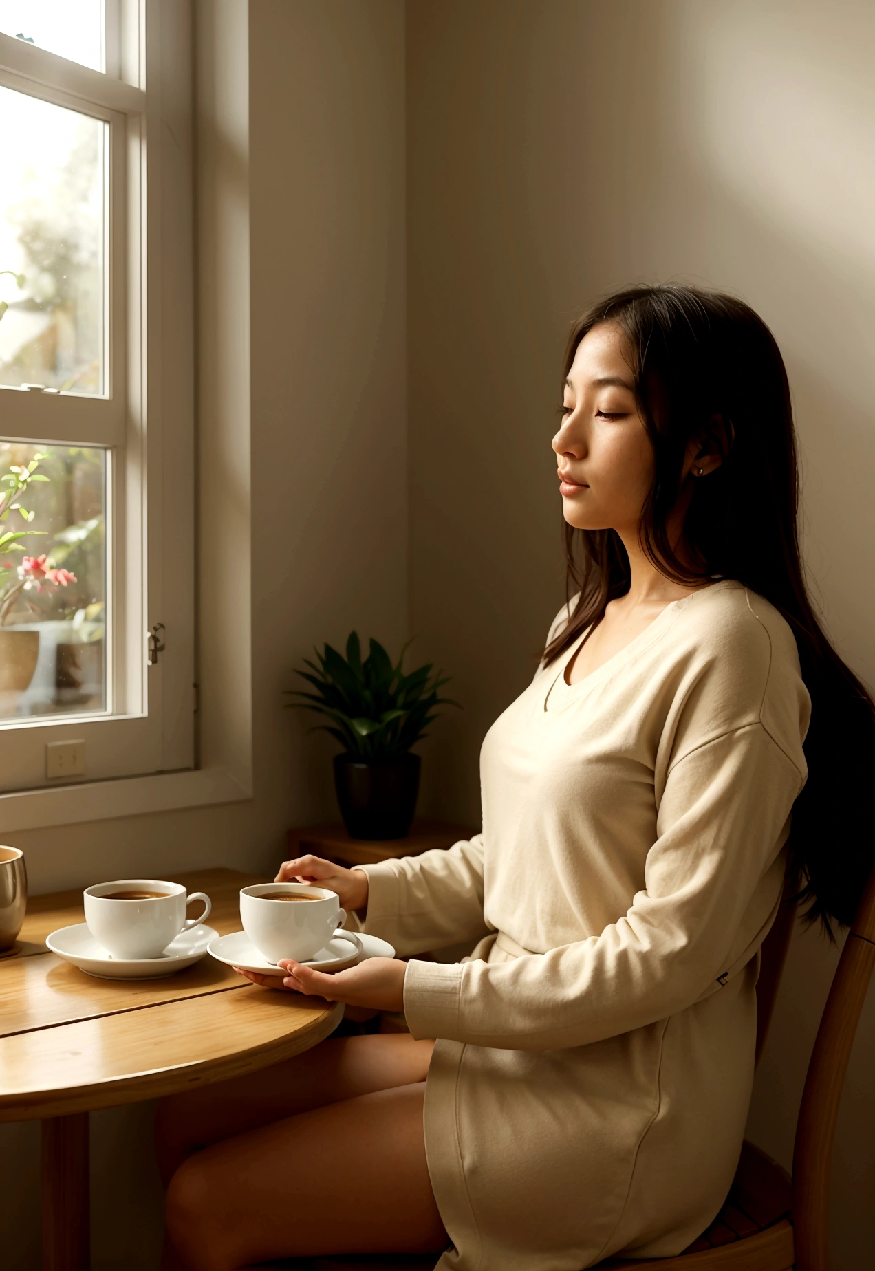 a young woman aged 20 with a mix of Japanese and Spanish heritage, enjoying her morning routine. She is sitting at a cozy table with a cup of tea or coffee, a book, and natural light streaming in from a nearby window. The setting is serene and inviting, suggesting a peaceful and mindful start to the day. The overall vibe should be calm, motivational, and inspiring. best quality, realistic