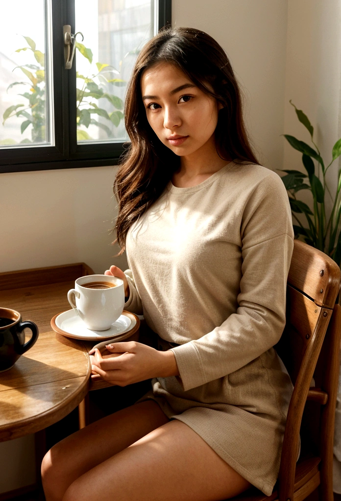 a young woman aged 20 with a mix of Japanese and Spanish heritage, enjoying her morning routine. She is sitting at a cozy table with a cup of tea or coffee, a book, and natural light streaming in from a nearby window. The setting is serene and inviting, suggesting a peaceful and mindful start to the day. The overall vibe should be calm, motivational, and inspiring. best quality, realistic