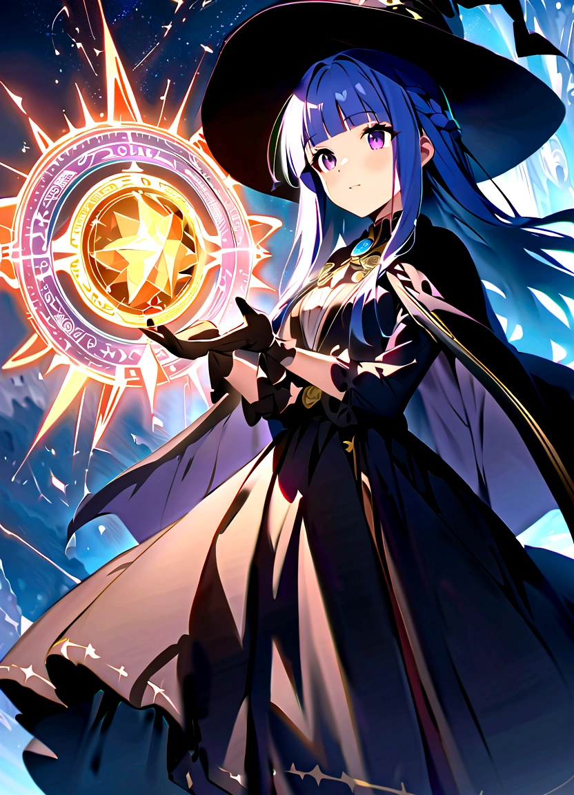 (masterpiece, Highest quality:1.1), (astrologer), 1 Girl, alone, Blue Hair, Purple eyes, Long Hair, blunt bangs, bangs, witch hat, gloves, dress, Black Costume、(Long skirt)、Frills, boots, Cape, witch, (furude rika), (Crystal Ball), magic circle, Shining Star, meteor, universe, magical energy, Vision of the future, Prophecy,